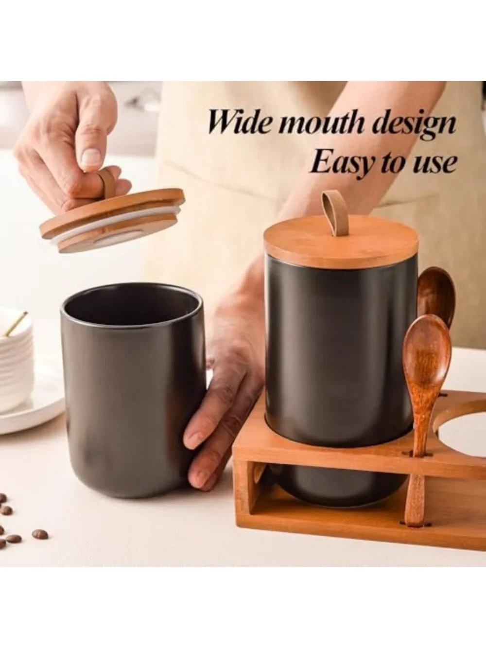 Stylish Black Ceramic Canister Set with Bamboo Lids & Wooden Stand - Airtight